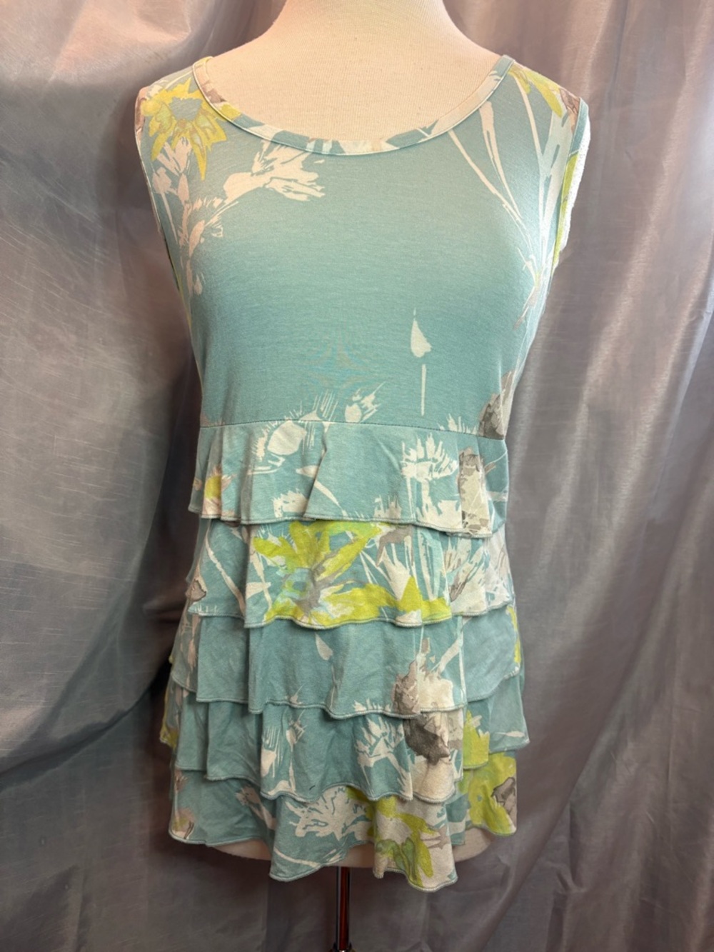 Kapalua Sleeveless Aqua Floral Tiered Ruffle Tunic Top